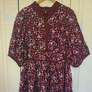 Maeve Puff-Sleeve Collared Mini Dress Burgundy Floral Print Size 26W